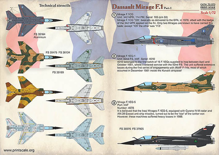 Print Scale 72-373 1/72 Dassault Mirage F.1 Part 1 Model Decals - SGS Model Store