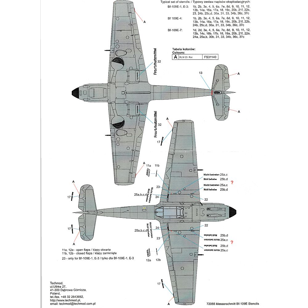 Techmod 72055 Stencils for Messerschmitt Bf-109E Decals 1/72
