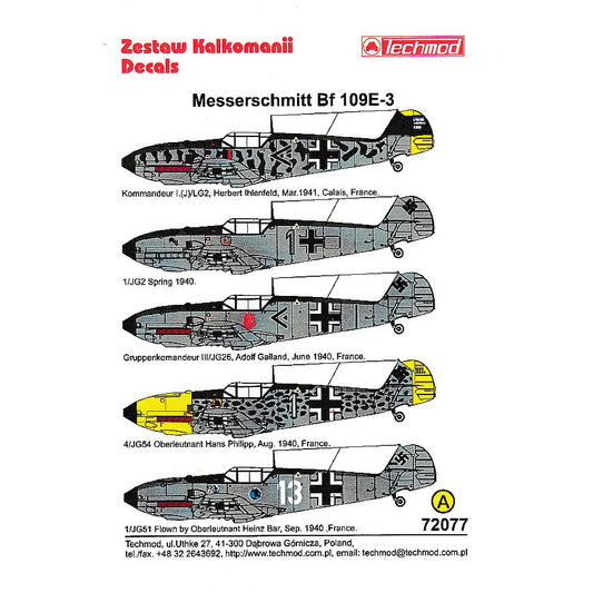 Techmod 72077 Messerschmitt Bf-109E-3 Decals 1/72