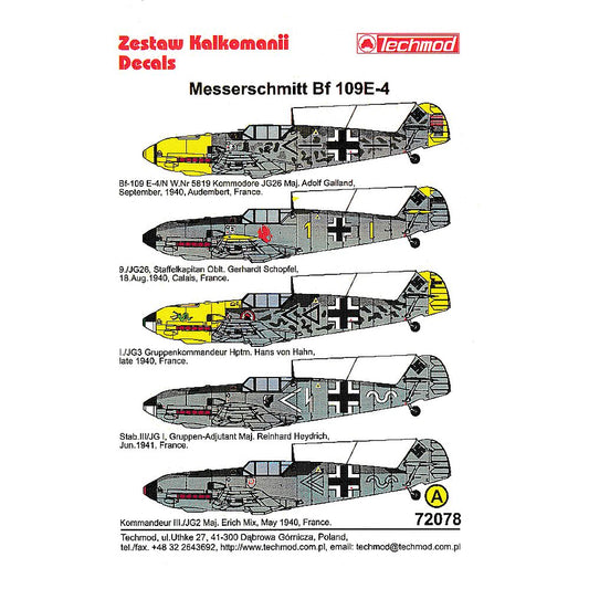 Techmod 72078 Messerschmitt Bf 109E-4 Decals 1/72