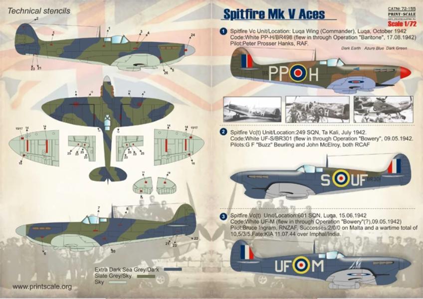 Print Scale 72-155 1/72 Supermarine Spitfire Mk.V Aces Model Decals