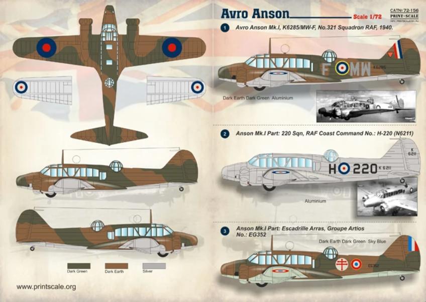 Print Scale 72-156 1/72 Avro Anson Model Decals