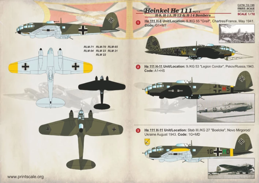 Print Scale 72-196 Heinkel He-111 H-8, H-11, H-12 & H-14 Decals 1/72