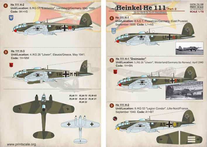 Print Scale 72-198 1/72 Heinkel He-111 H-1, H-2 & H-3 Model Decals
