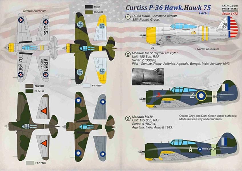 Print Scale 72-381 1/72 Curtiss P-36 Hawk. Hawk 75 Model Decals