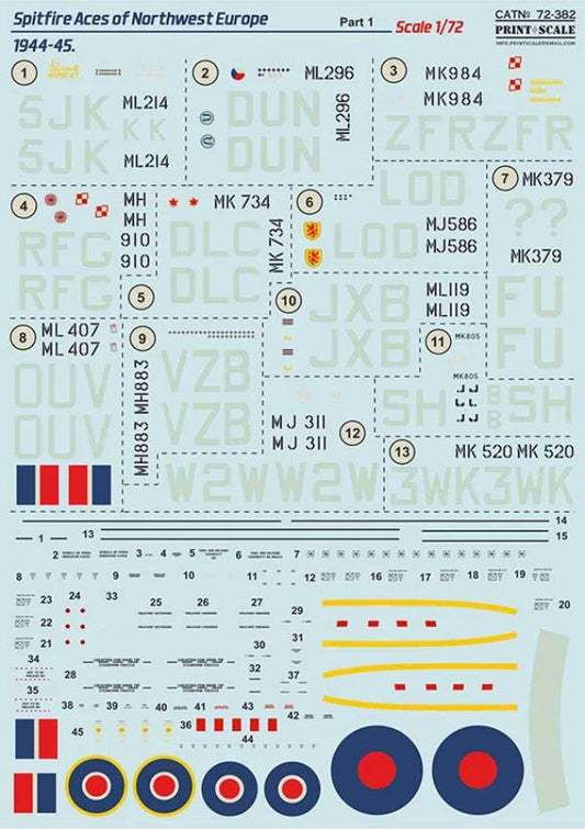 Print Scale 72-382 1/72 Spitfire Aces of Northwest Europe 1944-45 Decals