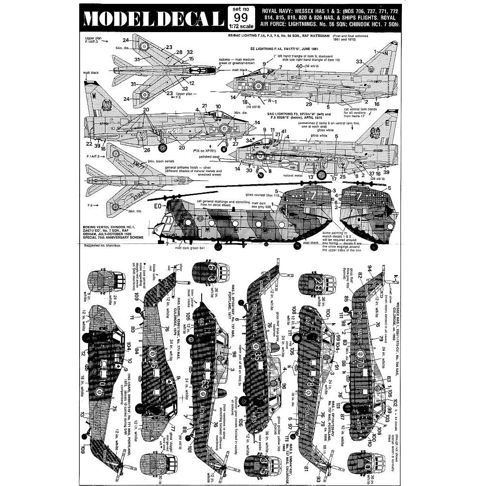 Modeldecal 99 Wessex HAS 1 & 3, Lightning, Chinook Decals 1/72