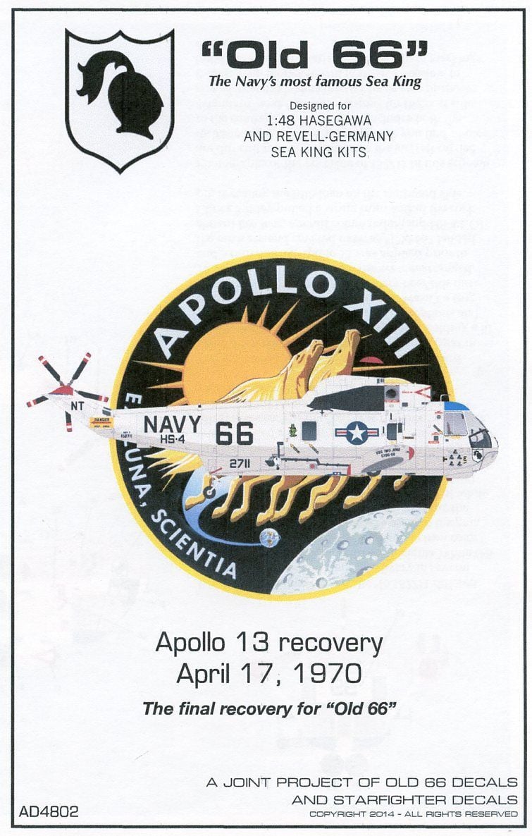 Old 66 Decals AD4802 1/48 SH-3D 152711 "Old 66" Apollo 13 Recovery Model Decals - SGS Model Store