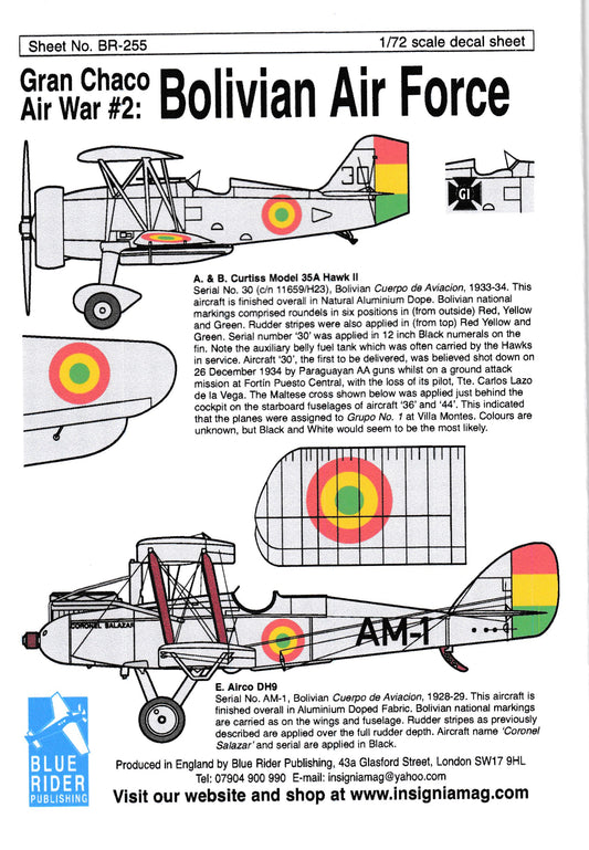 Blue Rider BR255 1/72 Bolivian Air Force Gran Chaco War Part 2 Decals