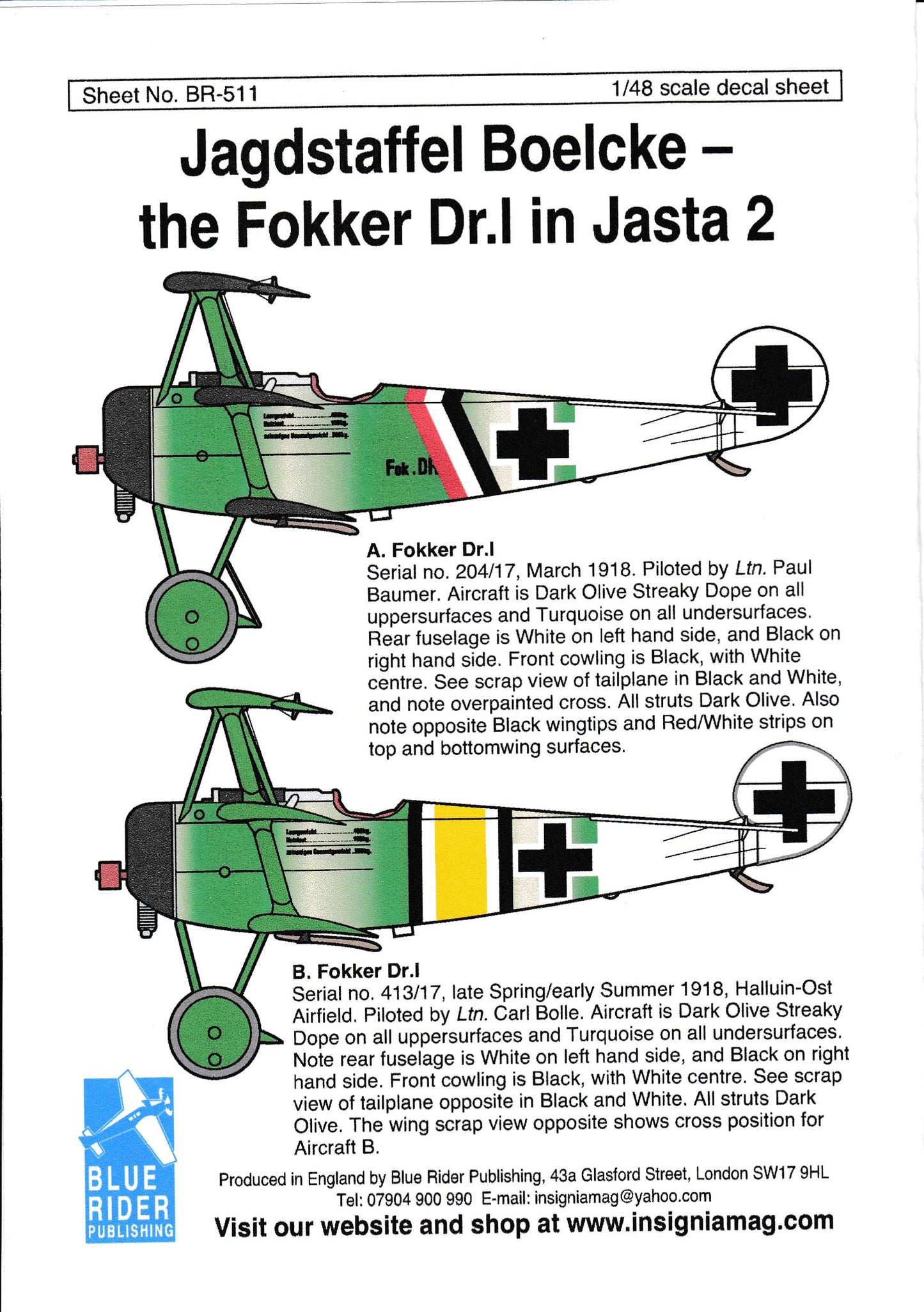 Blue Rider BR511 1/48 Fokker Dr.I in Jasta Boelcke Decals