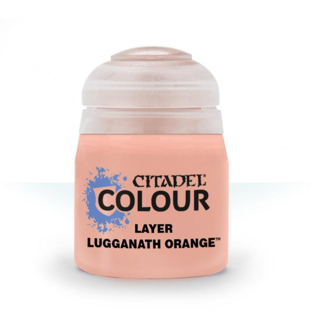 A pot of Citadel Layer paint in Lugganath Orange color, labeled for use on miniatures.