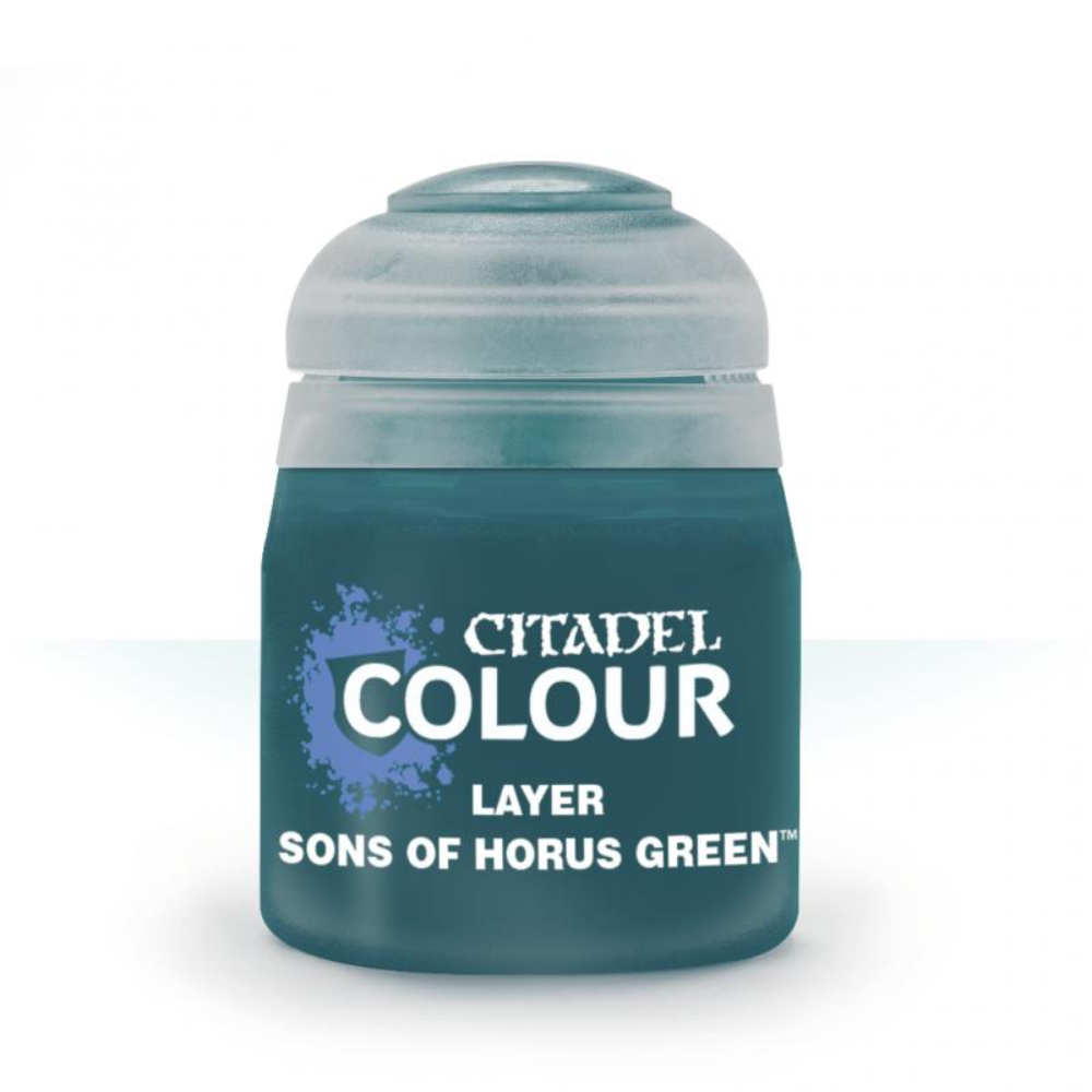 A pot of Citadel Layer acrylic paint in the color 'Sons of Horus Green', designed for painting miniatures.
