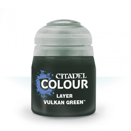 A 12ml container of Citadel Layer paint in the color Vulkan Green, designed for painting miniatures.