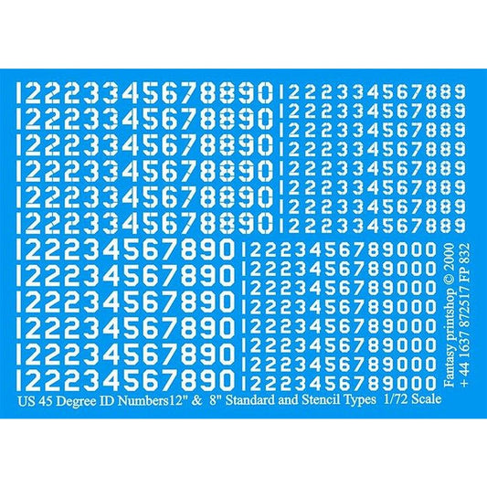 Fantasy Printshop FP832 US 45 Degree ID Numbers in 8″, 12″ Decals 1/72