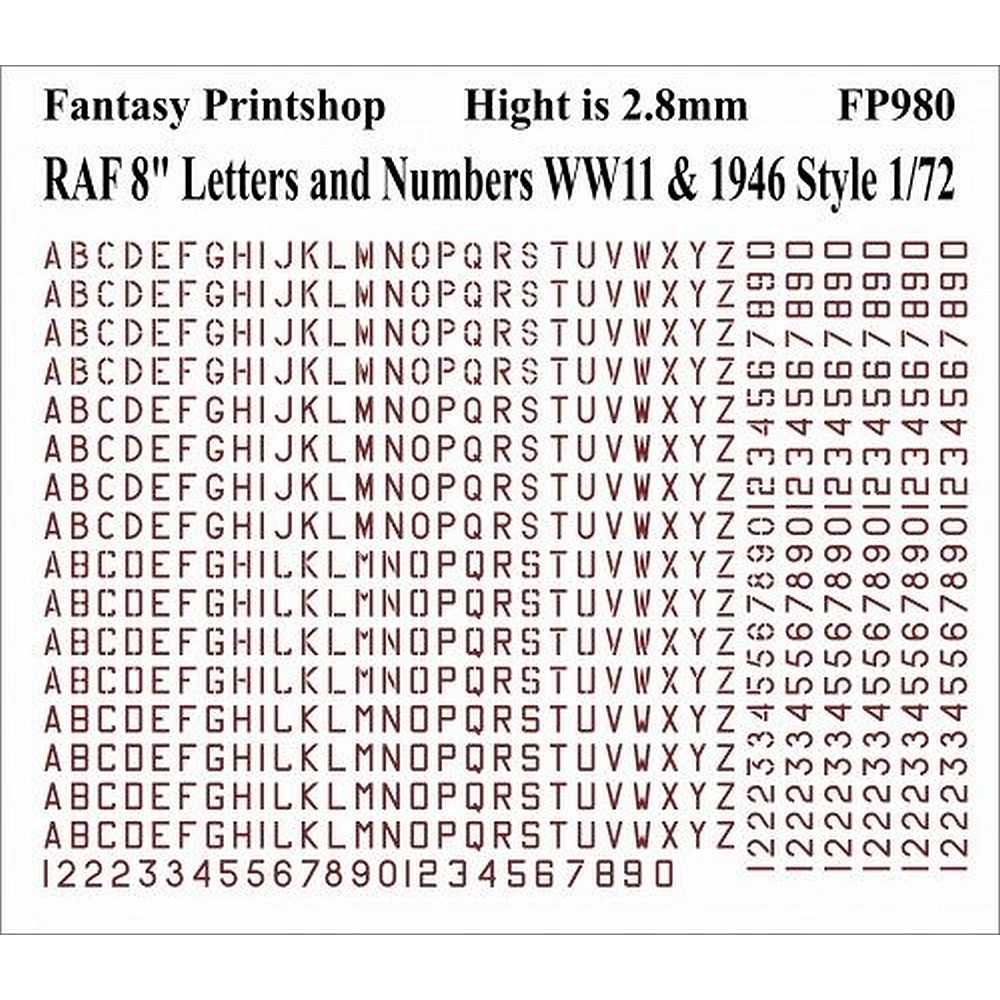 Fantasy Printshop FP980 RAF 8″ Serial Numbers and Letters WWII 1/72