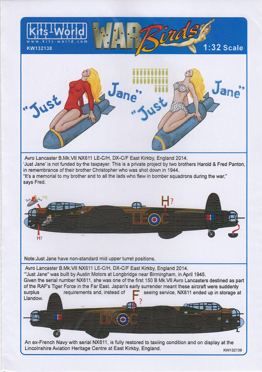 Kits-World KW132138 1/32 Avro Lancaster B Mk.VII 'Just Jane' Decals - SGS Model Store