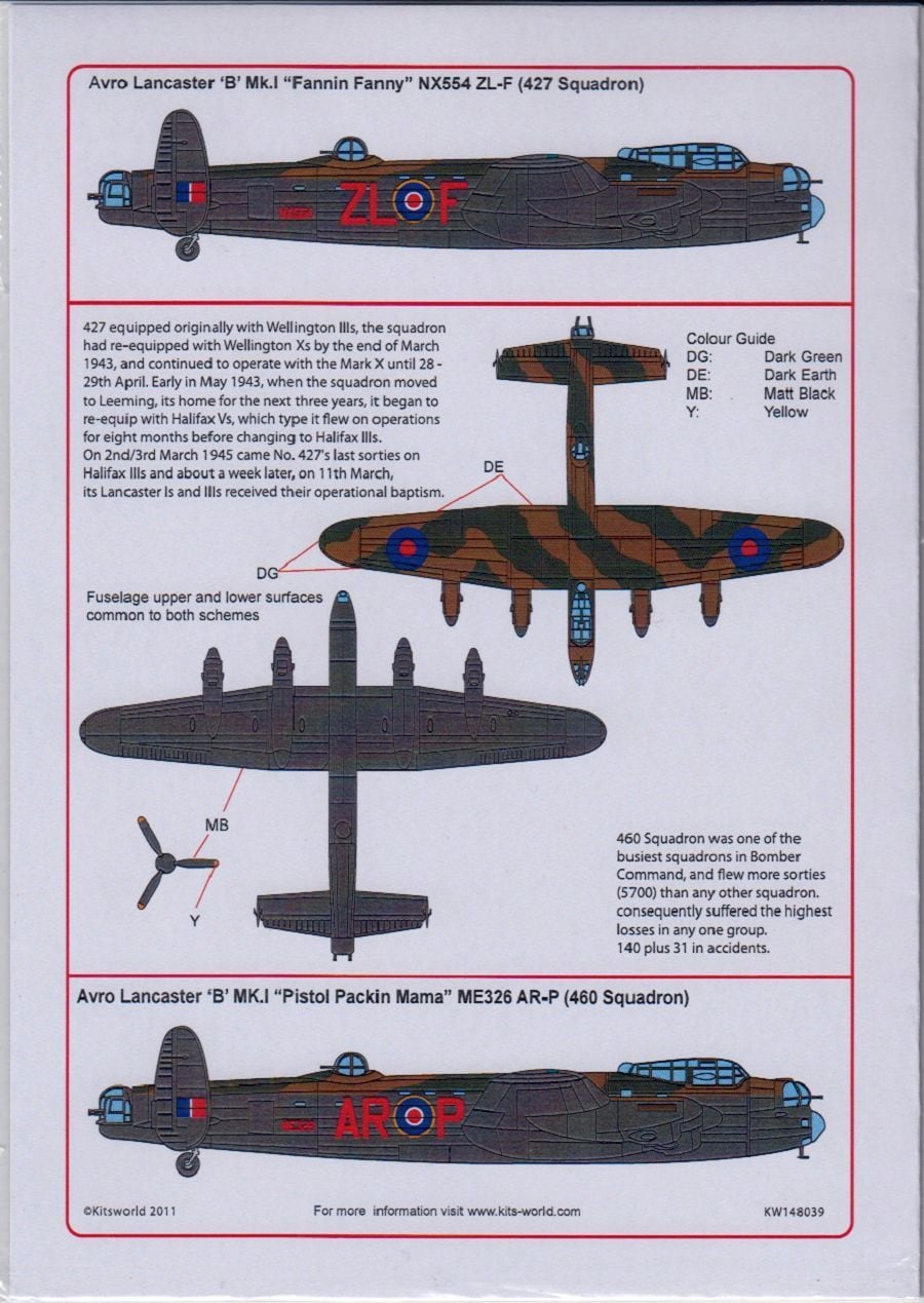 Kits-World KW148039 1/48 Avro Lancasters of 427 & 460 Squadron Decals - SGS Model Store