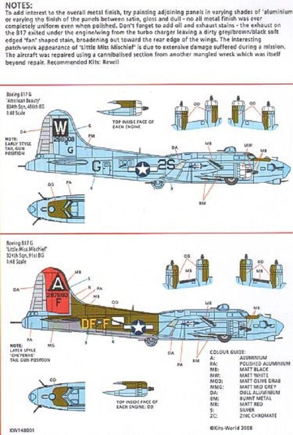 Kits-World KW148001 1/48 B-17G Flying Fortress American Beauty Model Decals - SGS Model Store
