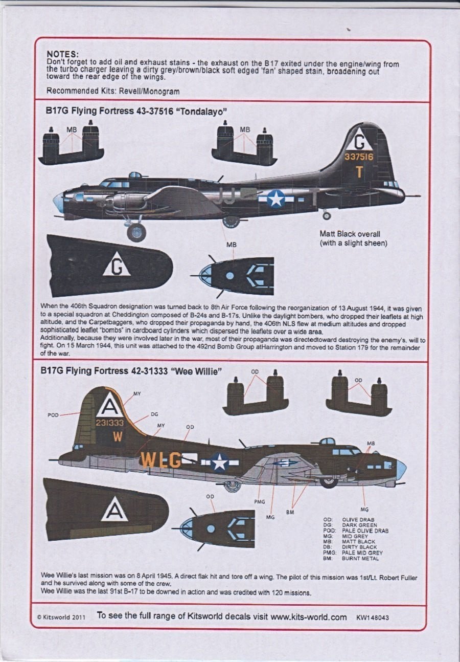Kits-World KW148043 1/48 Boeing B-17G Flying Fortress ‘Nose Art’ Model Decals - SGS Model Store