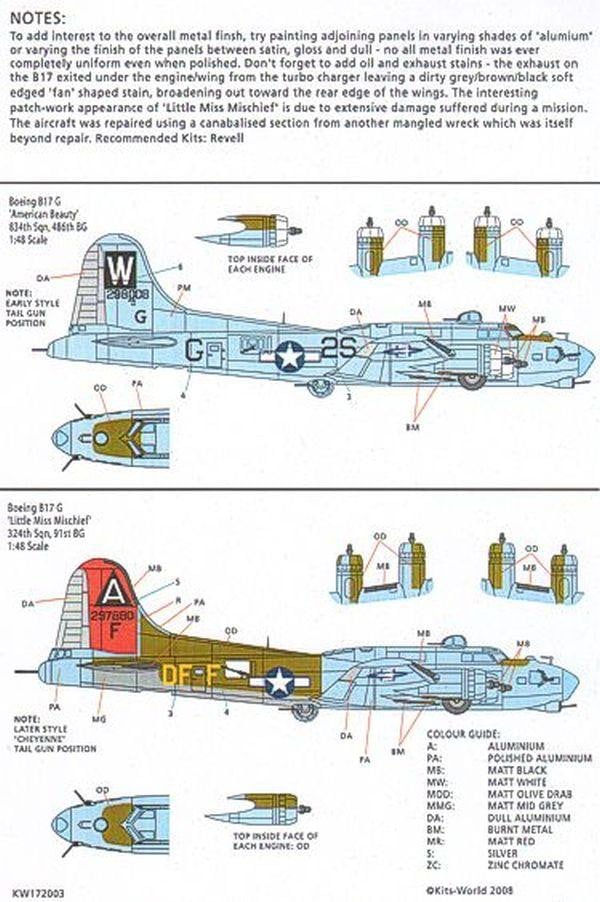 Kits-World KW172003 1/72 B-17G Fortress - 'American Beauty/Little Miss Mischief' Decals - SGS Model Store