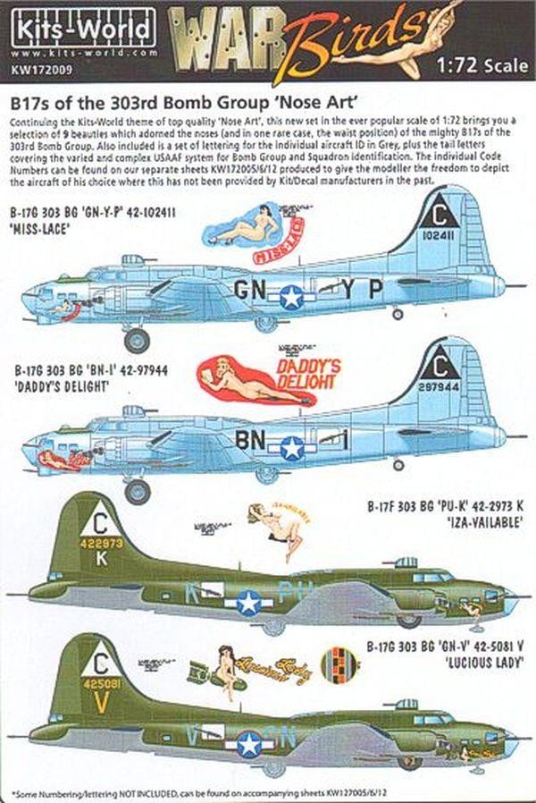 Kits-World KW172009 1/72 B-17 Flying Fortress 303rd BG Nose Art Model Decals - SGS Model Store