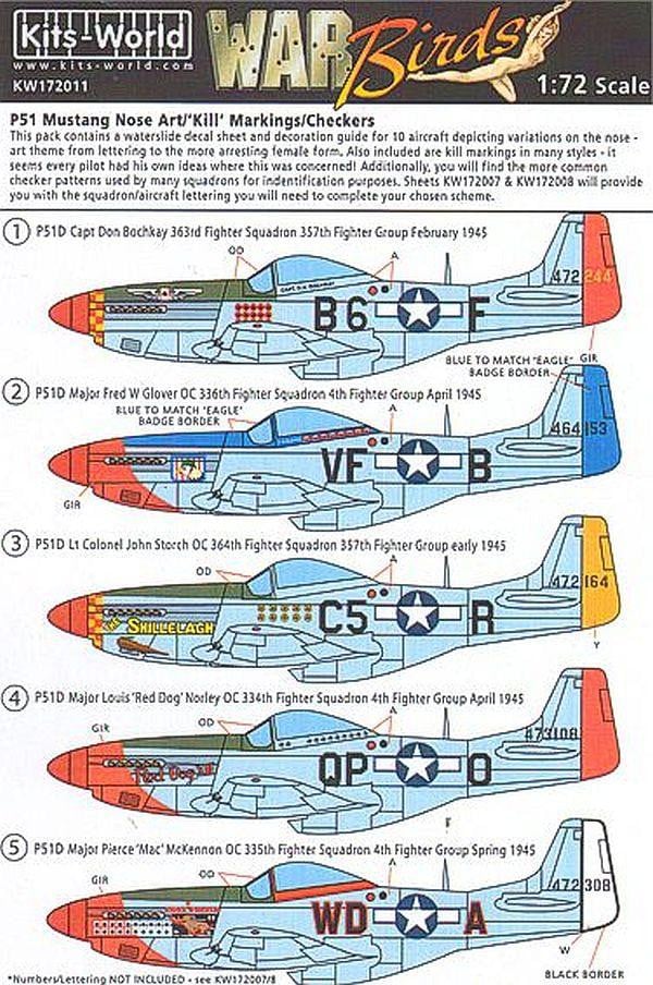 Kits-World KW172011 1/72 P-51 Mustang Nose Art/'Kill Markings'/Checkers Decals - SGS Model Store
