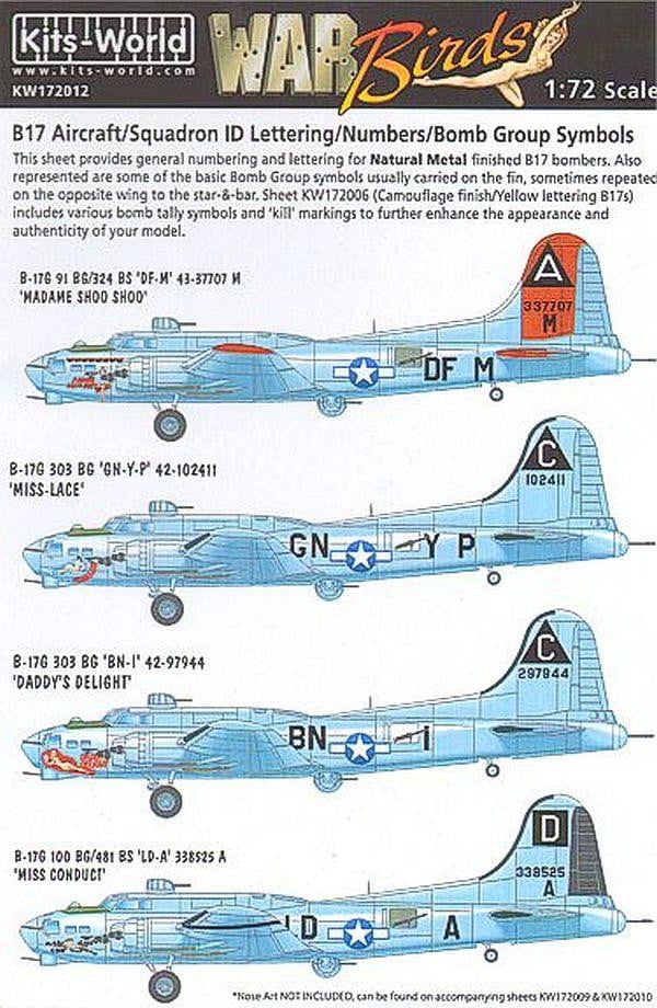 Kits-World KW172012 1/72 B17 Aircraft ID / Squadron ID / Lettering Model Decals - SGS Model Store