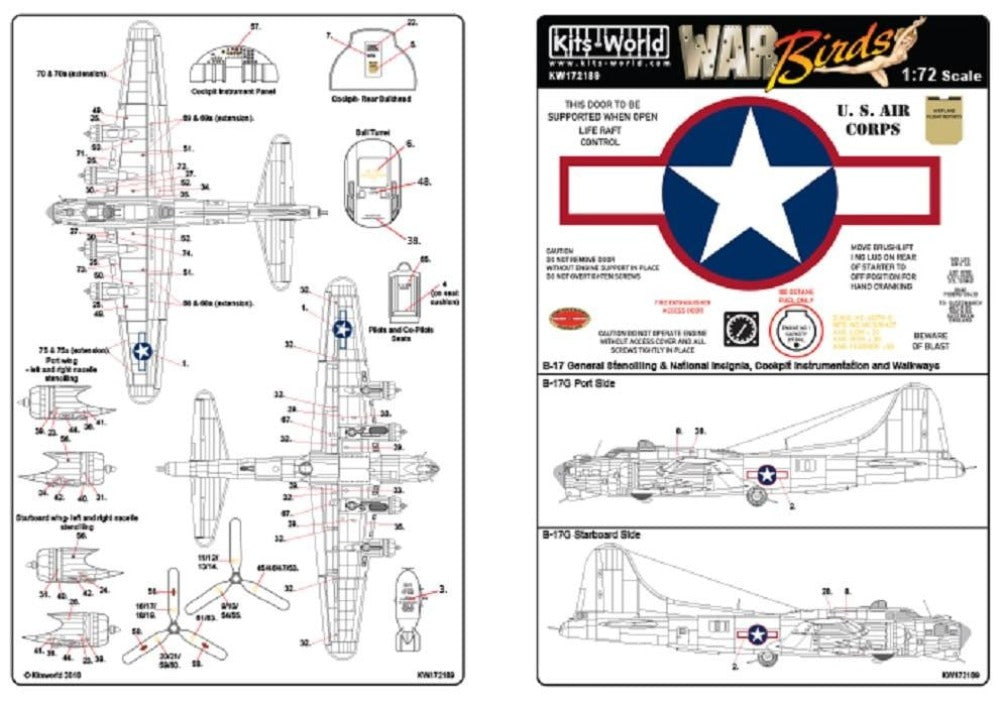 Kits-World KW172189 1/72 Boeing B-17F & B-17G Flying Fortress Model Decals - SGS Model Store
