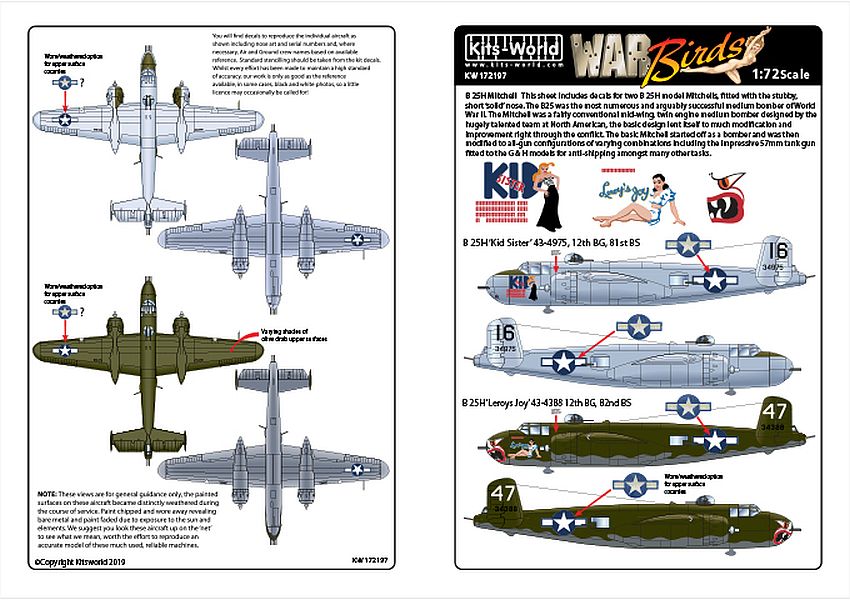 Kits-World KW172197 1/72 North-American B-25H Mitchell Model Decals - SGS Model Store