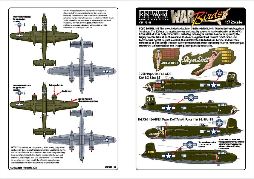 Kits-World KW172198 1/72 North-American B-25G / H Mitchell Model Decals - SGS Model Store
