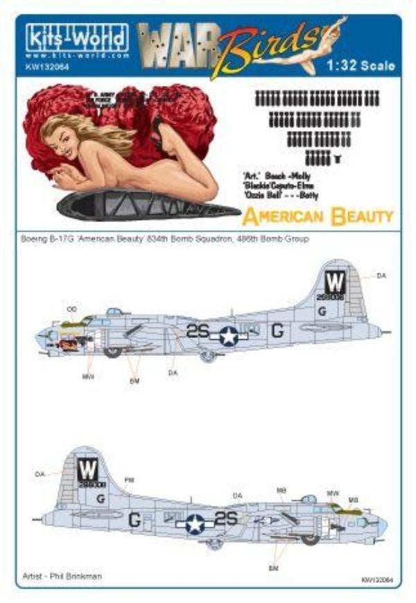Kits-World KW132064 1/32 B17G Flying Fortress American Beauty Model Decals - SGS Model Store