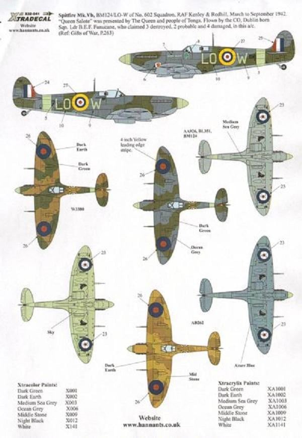 Xtradecal X32041 1/32 Supermarine Spitfire Mk.Vb early Model Decals - SGS Model Store
