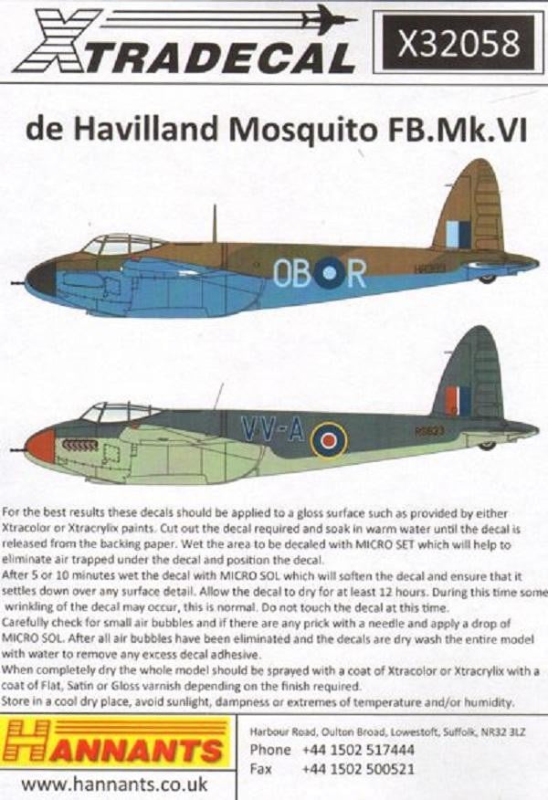 Xtradecal X32058 1/32 de Havilland Mosquito FB.Mk.VI Model Decals - SGS Model Store