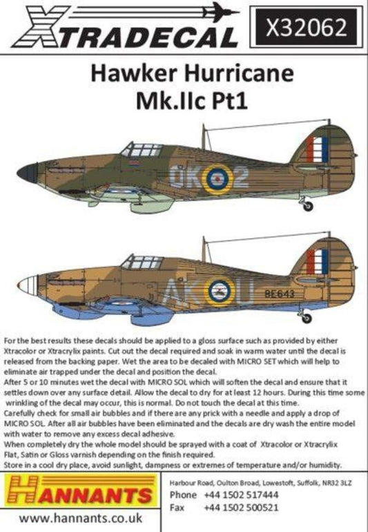Xtradecal X32062 1/32 Hawker Hurricane Mk.IIc Pt 1 Model Decals - SGS Model Store