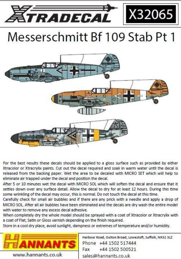 Xtradecal X32065 1/32 Messerschmitt Bf-109 Stab markings Pt 1 Model Decals - SGS Model Store