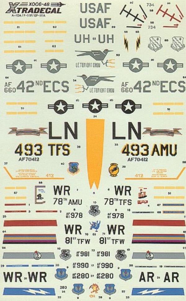 Xtradecal X48006 1/48 USAFE Part 2 EF-111A, F-111F, A-10A Model Decals - SGS Model Store