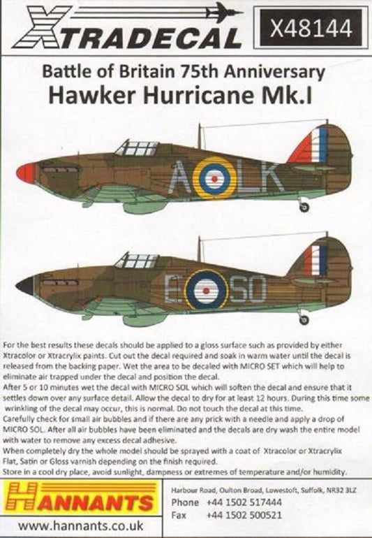 Xtradecal X48144 1/48 Hurricane Mk.I Battle of Britain 1940 Pt.1 Model Decals - SGS Model Store