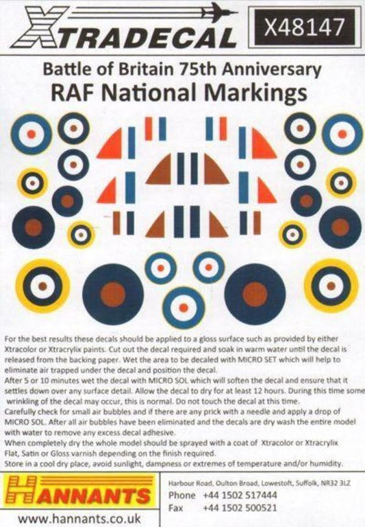 Xtradecal X48147 1/48 Battle of Britain RAF National Markings Model Decals - SGS Model Store