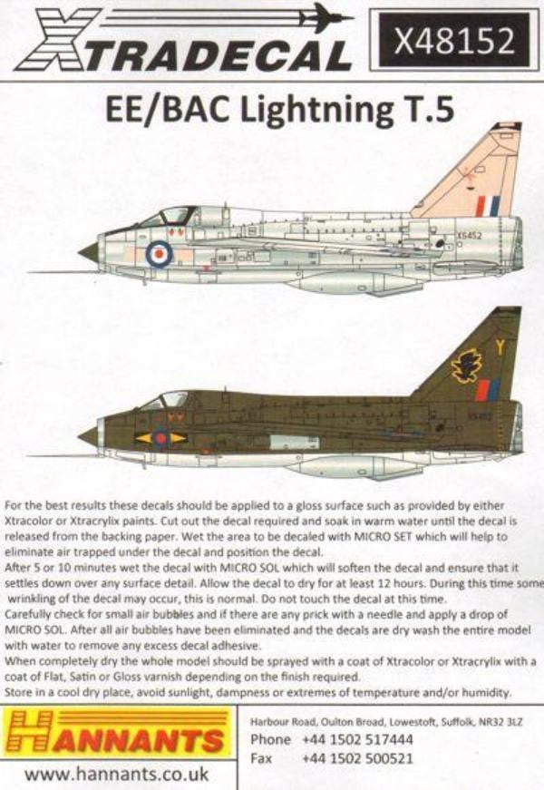 Xtradecal X48152 1/48 BAC/EE Lightning T.5 Model Decals - SGS Model Store