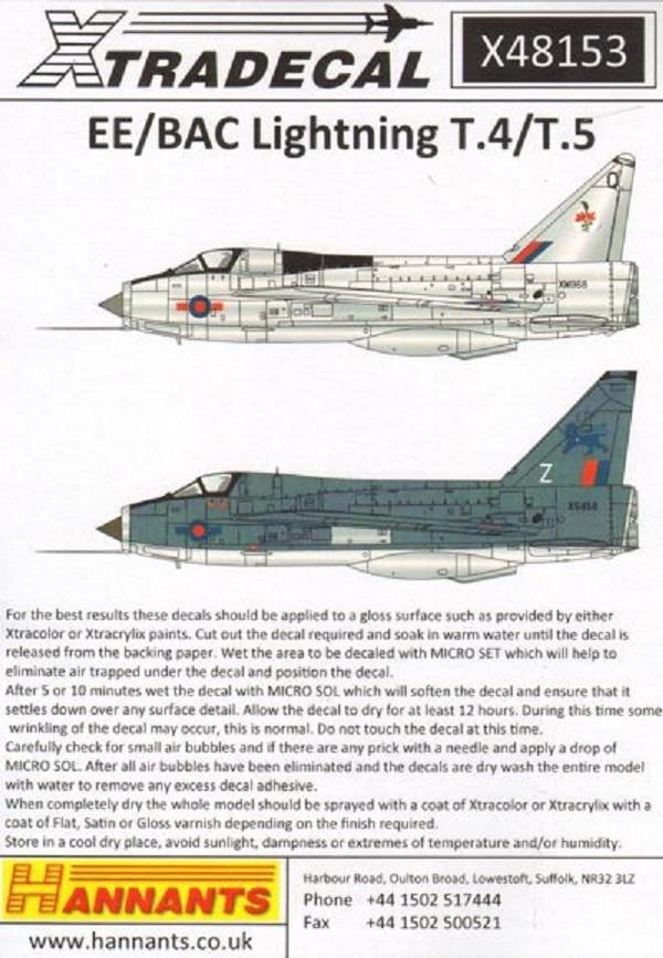 Xtradecal X48153 1/48 BAC/EE Lightning T.4/T.5 Model Decals - SGS Model Store