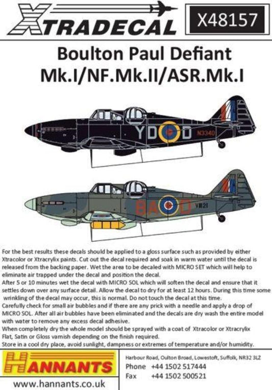 Xtradecal X48157 1/48 Boulton-Paul Defiant Mk.I/NF.II/ ASR.Mk.I Model Decals - SGS Model Store