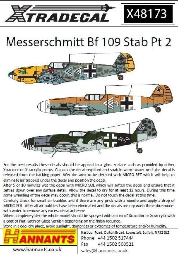 Xtradecal X48173 1/48 Messerschmitt Bf-109 Stab markings Pt 2 Model Decals - SGS Model Store