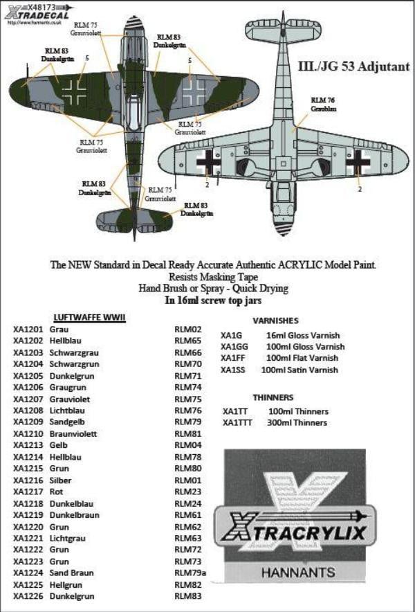 Xtradecal X48173 1/48 Messerschmitt Bf-109 Stab markings Pt 2 Model Decals - SGS Model Store