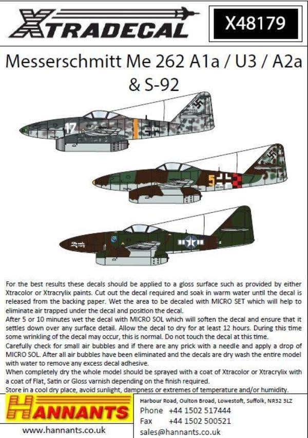 Xtradecal X48179 1/48 Messerschmitt Me 262 Model Decals - SGS Model Store