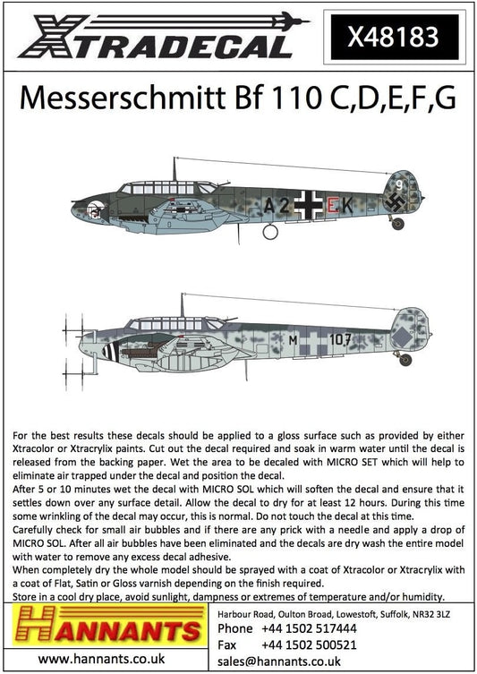 Xtradecal X48183 1/48 Messerschmitt Bf-110 C,D,E,F,G Model Decals - SGS Model Store