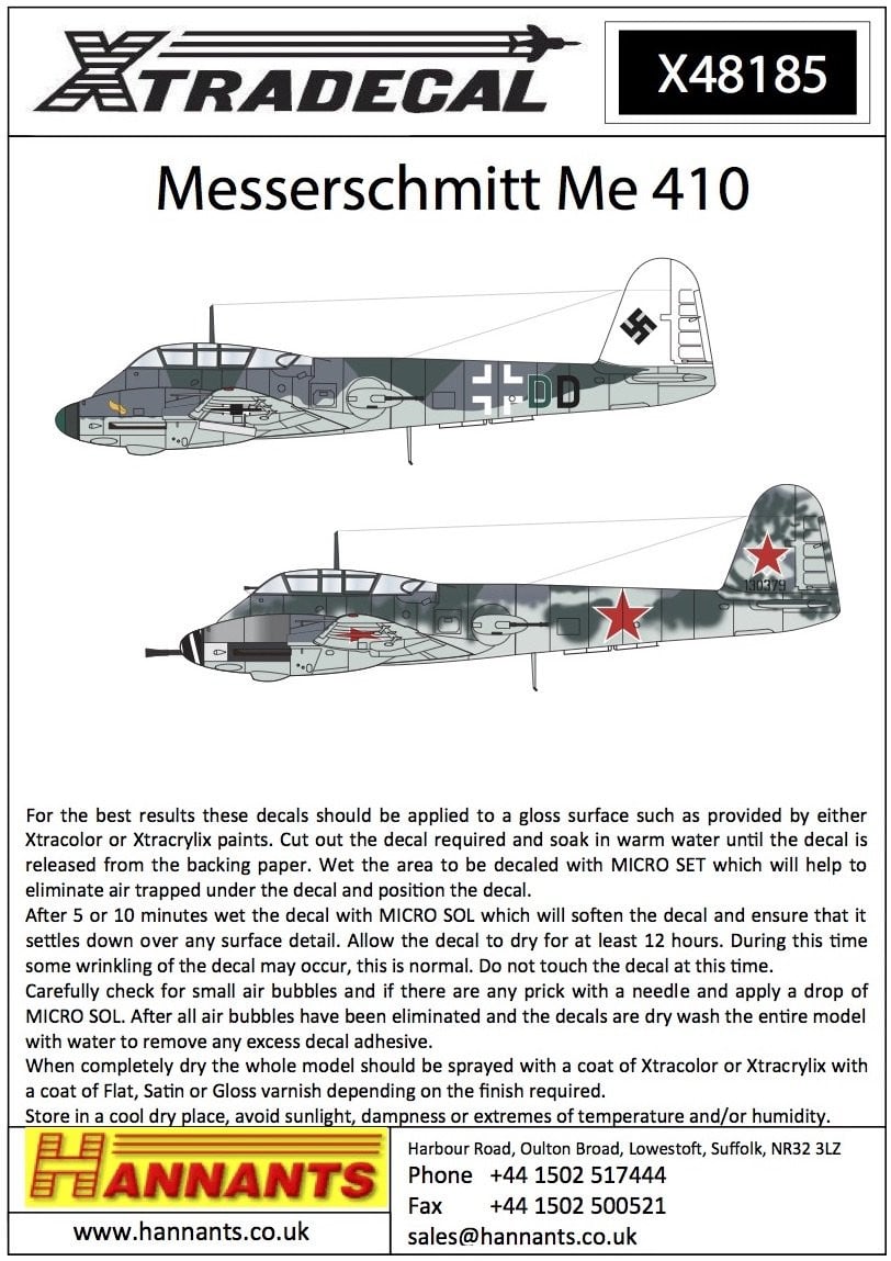 Xtradecal X48185 1/48 Messerchmitt Me 410 Model Decals - SGS Model Store