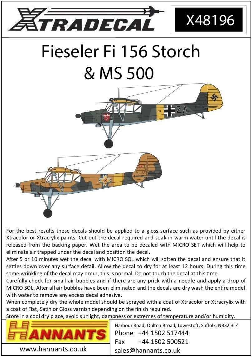 Xtradecal X48196 1/48 Fieseler Fi-156C-3 Storch Model Decals - SGS Model Store