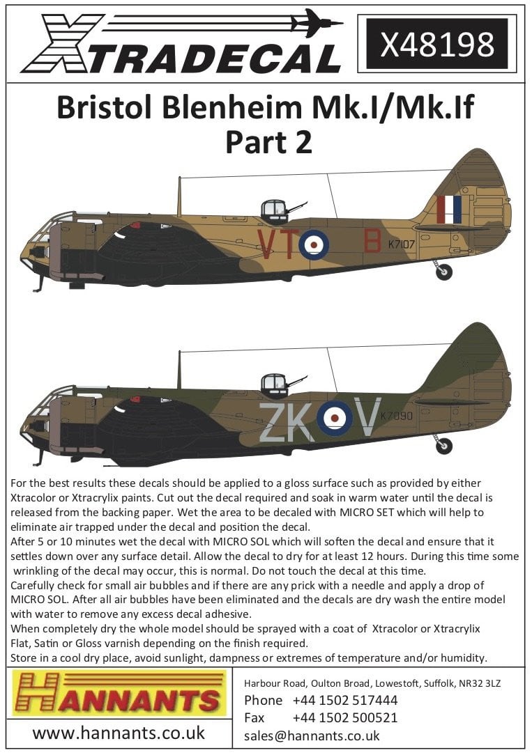 Xtradecal X48198 1/48 Bristol Blenheim Mk.I/Mk.If Part 2 Model Decals - SGS Model Store