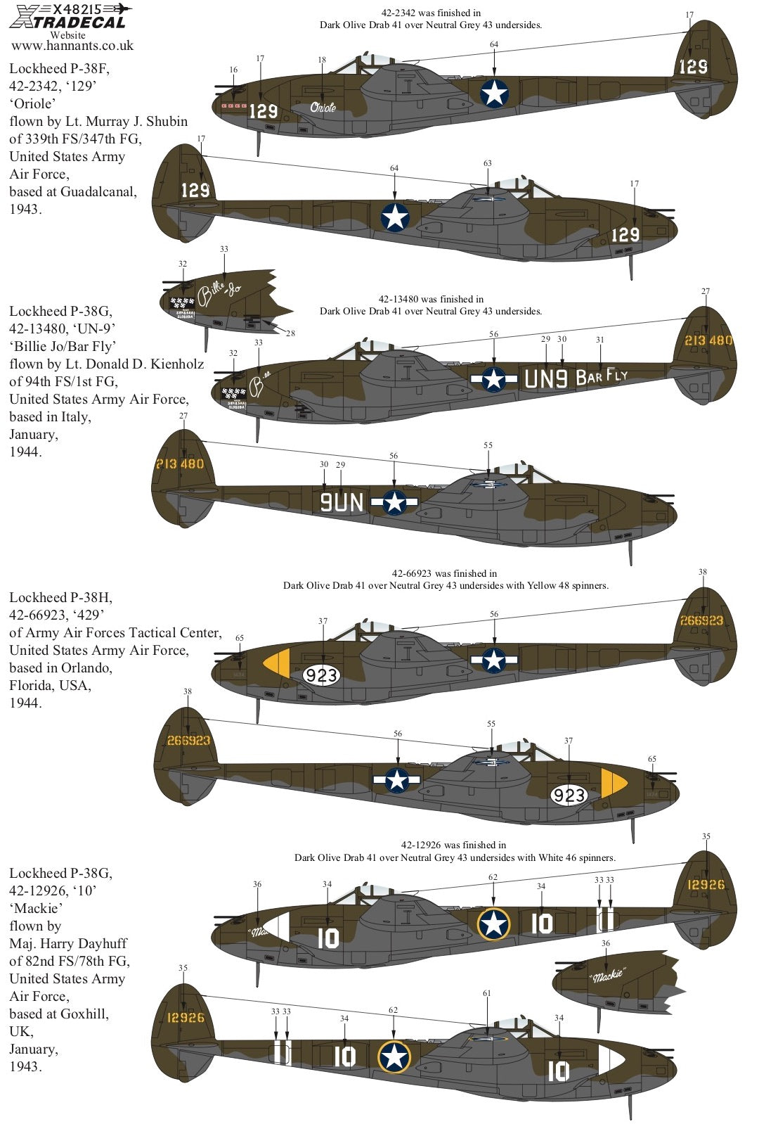 Xtradecal X48215 Lockheed P-38F/G/H Lightning Collection Pt.2 1/48