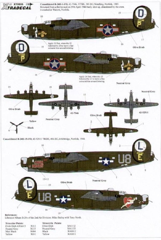 Xtradecal X72025 1/72 Consolidated B-24H Liberator Model Decals - SGS Model Store